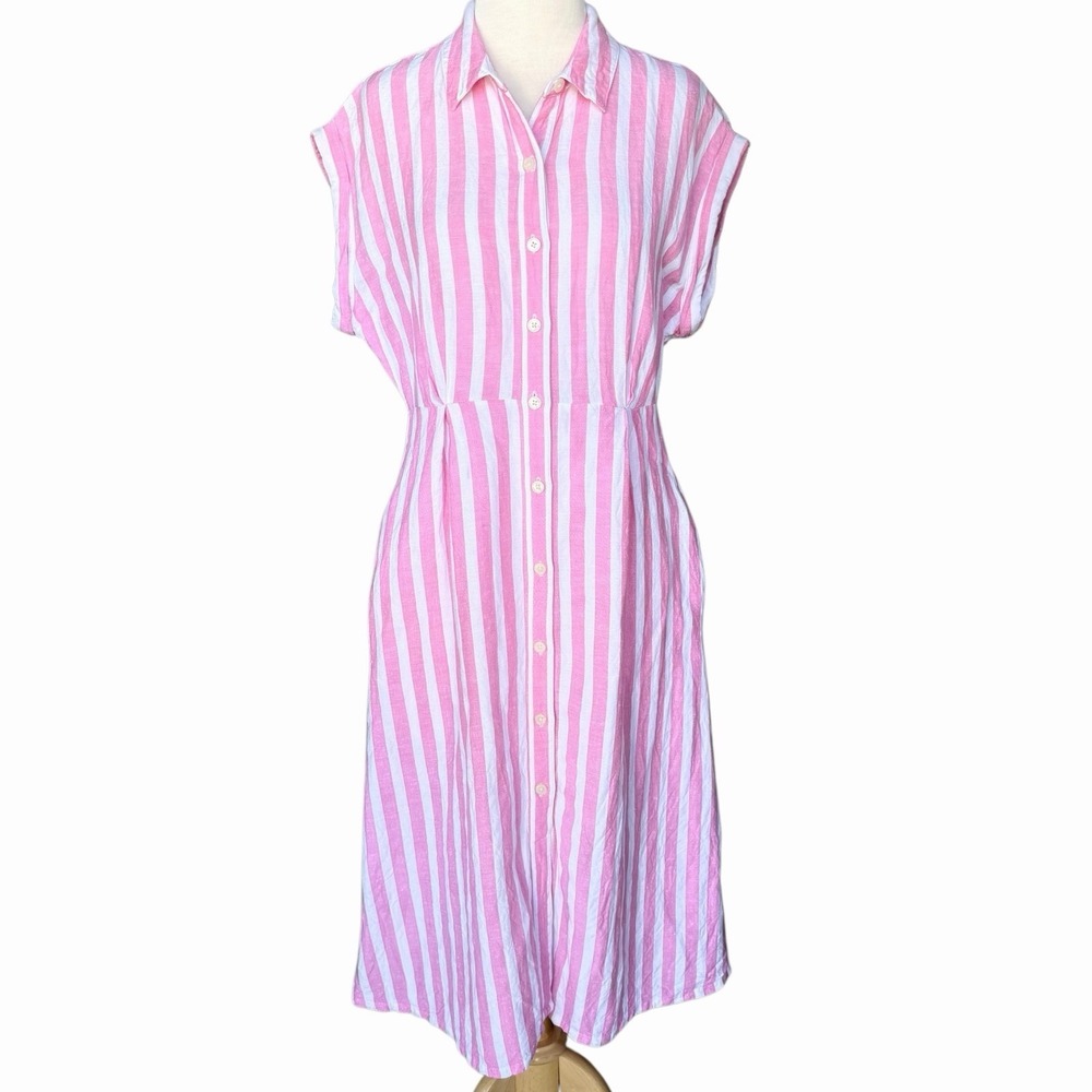 Loft Shirt Midi Dress Pink & White Striped Button Front Missing Belt Women's 4